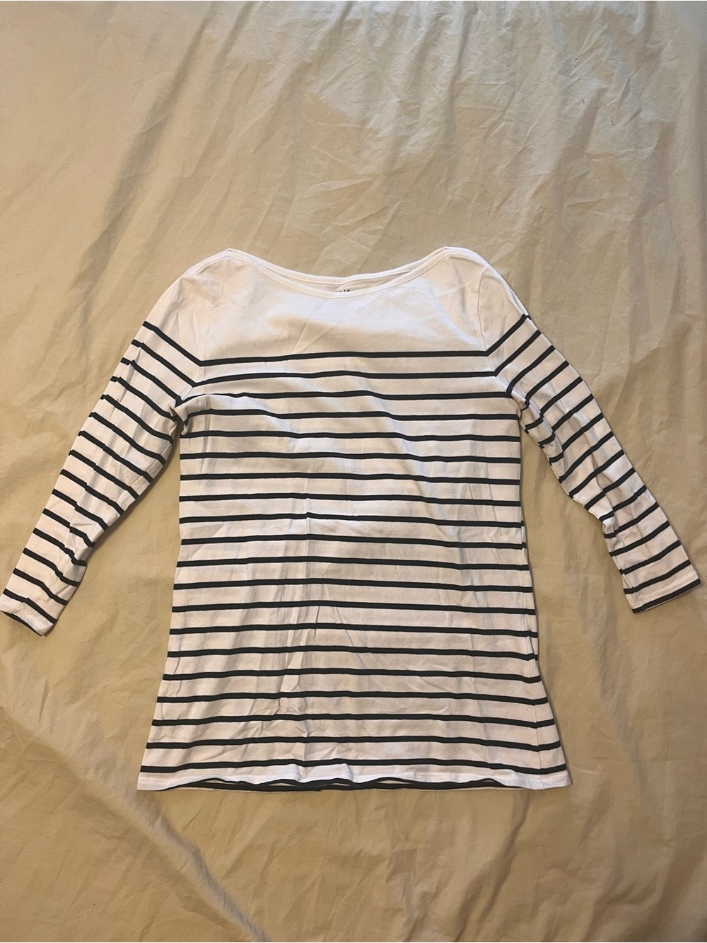 Time and Tru White and Navy Blue Striped Boat Neck Long Sleeve Tee